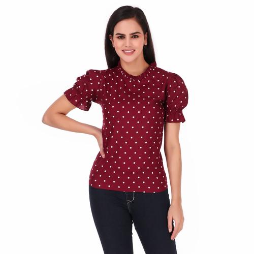 Printed Polkas Rayon Ruffle Sleeve Summer Top. (Wine)