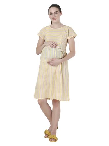 Cotton Striped Maternity Dresses With Zippers For Nursing. (Lemon)