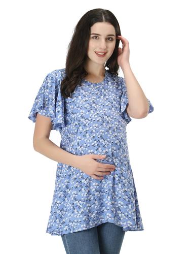 Maternity Feeding Rayon Top With Umbrella Sleeves. (Sky Blue)