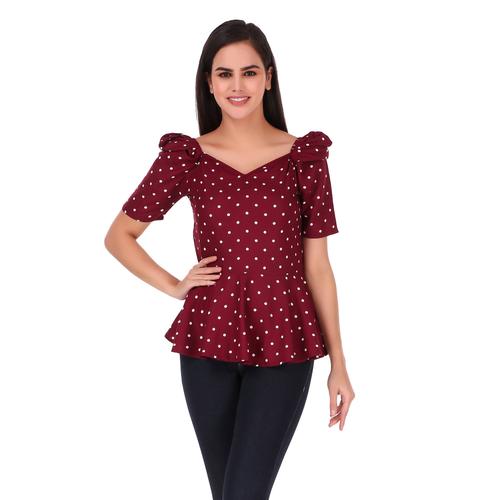 Rayon Polka Summer Peplum Top With Puffed Sleeves. (Wine)