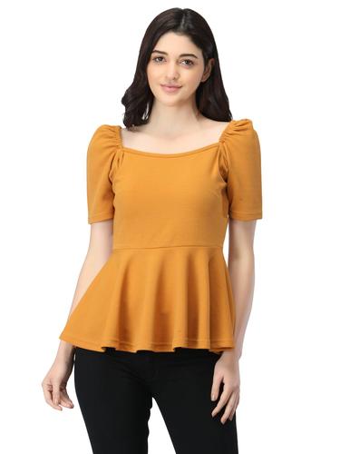 Puffed Sleeves Peplum Top. (Mustard)