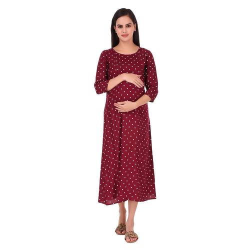 Rayon Maternity Feeding Dress With Zippers For Nursing. (Wine)