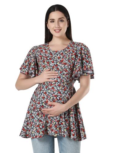 Maternity Feeding Rayon Top With Umbrella Sleeves. (Navy)