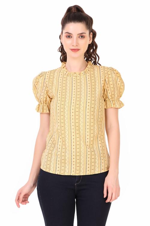 Striped Printed Cotton Ruffle Sleeve Top (Lemon)