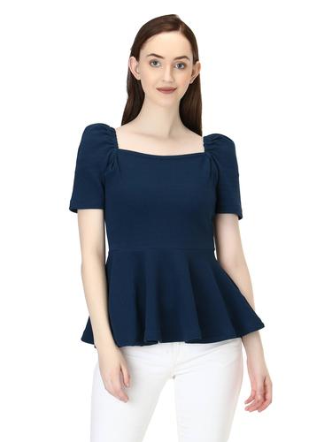 Puffed Sleeves Peplum Top. (Peacock)