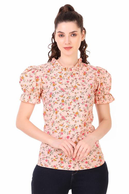 Floral Printed Cotton Ruffle Sleeve Top (Peach)