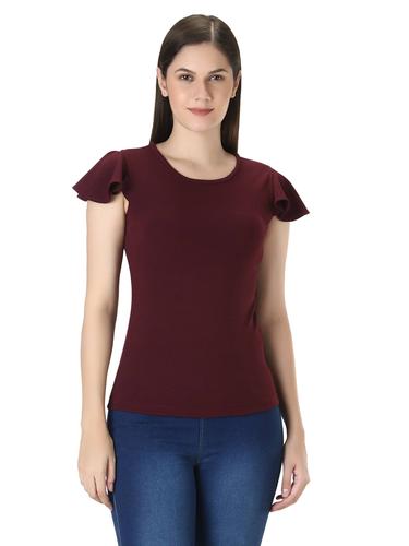 Round Neck Short Flutter Sleeves Top. (Wine)