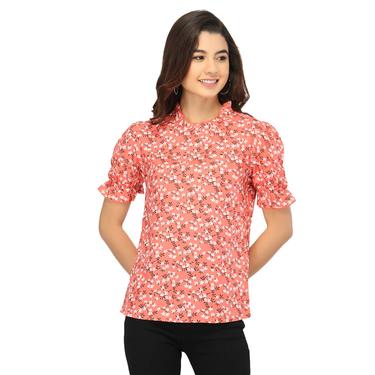 Printed Floral Rayon Ruffle Sleeve Summer Top. (Peach)