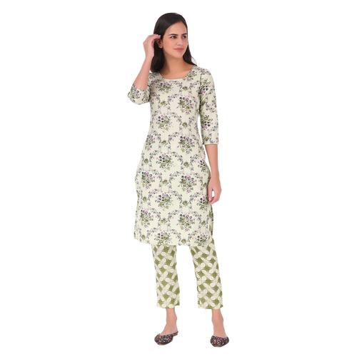 Cotton Printed Round Neck Kurta Set With Pant ( Pista)