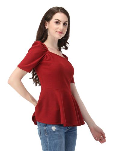 Puffed Sleeves Peplum Top. (Maroon)