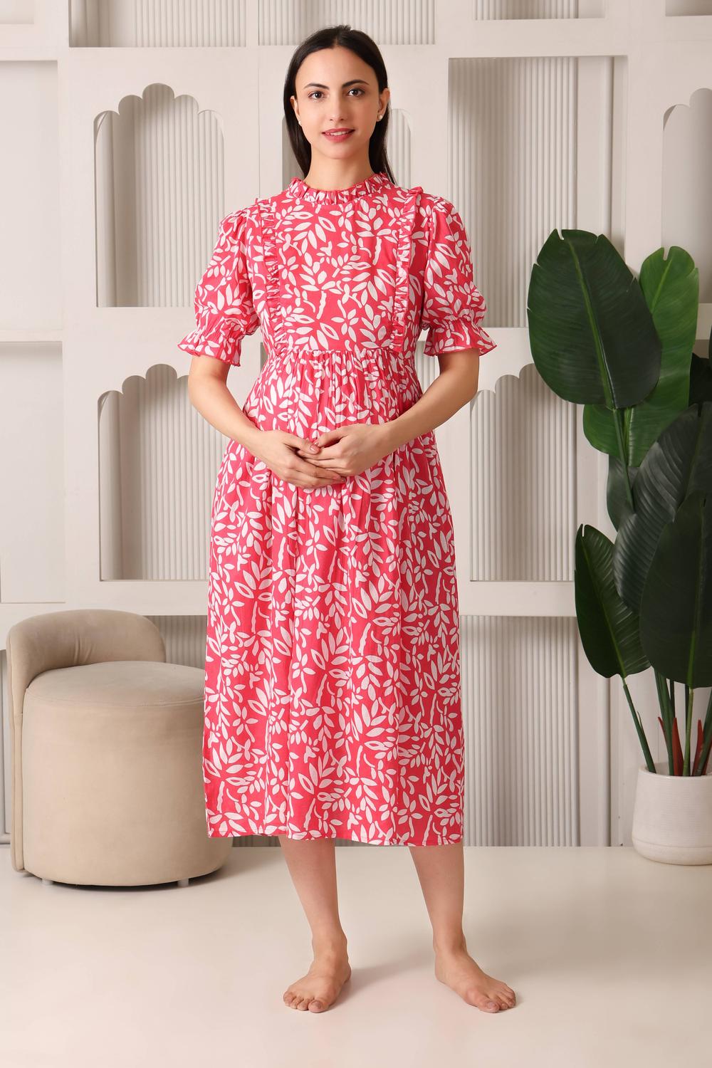 Cloud-Soft Puff Sleeve Maternity & Feeding Dress. (Coral)