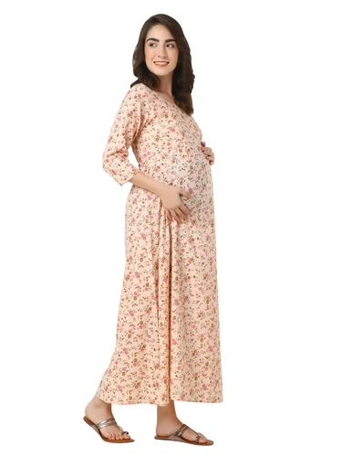 Cotton Maternity Feeding Dress With Zippers For Nursing. (Peach)