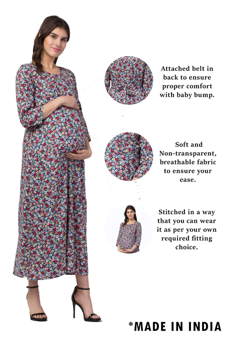 Rayon Maternity Feeding Dress With Zippers For Nursing. (Navy)