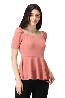 Puffed Sleeves Peplum Top. (Pink)