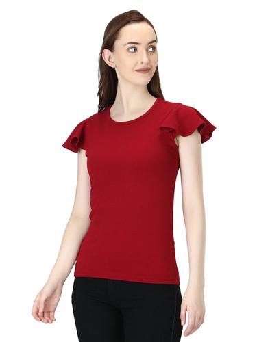 Round Neck Short Flutter Sleeves Top. (Maroon)