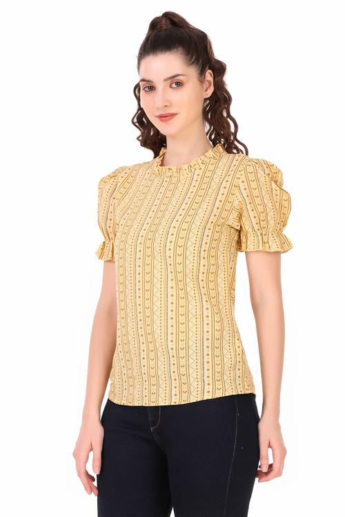 Striped Printed Cotton Ruffle Sleeve Top (Lemon)