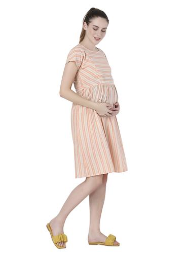 Cotton Striped Maternity Dresses With Zippers For Nursing. (Peach)
