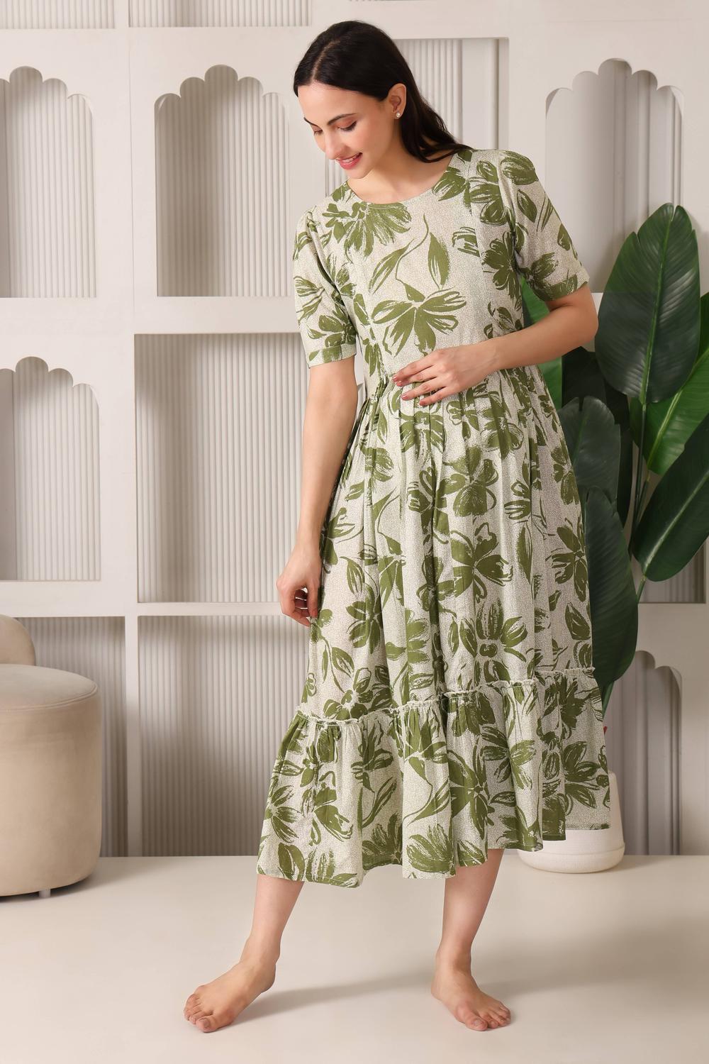 Easy Breezy Pure Cotton Maternity & Feeding Flare (Olive)