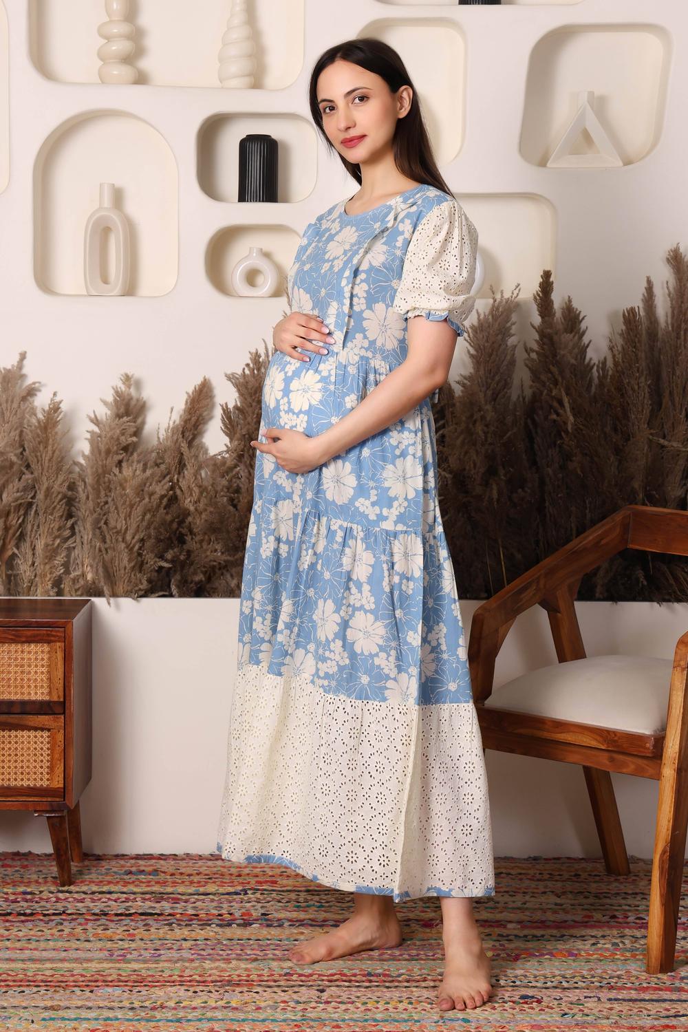 Schiffli Bloom Seamless Maternity Dress. (Blue)