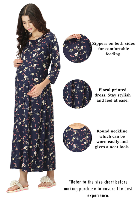 Rayon Maternity Feeding Dress With Zippers For Nursing. (Navy Blue)