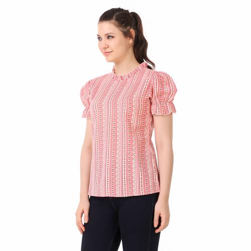 Striped Printed Cotton Ruffle Sleeve Top (Pink)