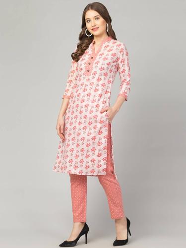 Cotton Printed Collar Kurta Set With Pant (Blush)