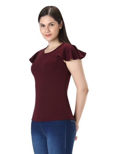 Round Neck Short Flutter Sleeves Top. (Wine)