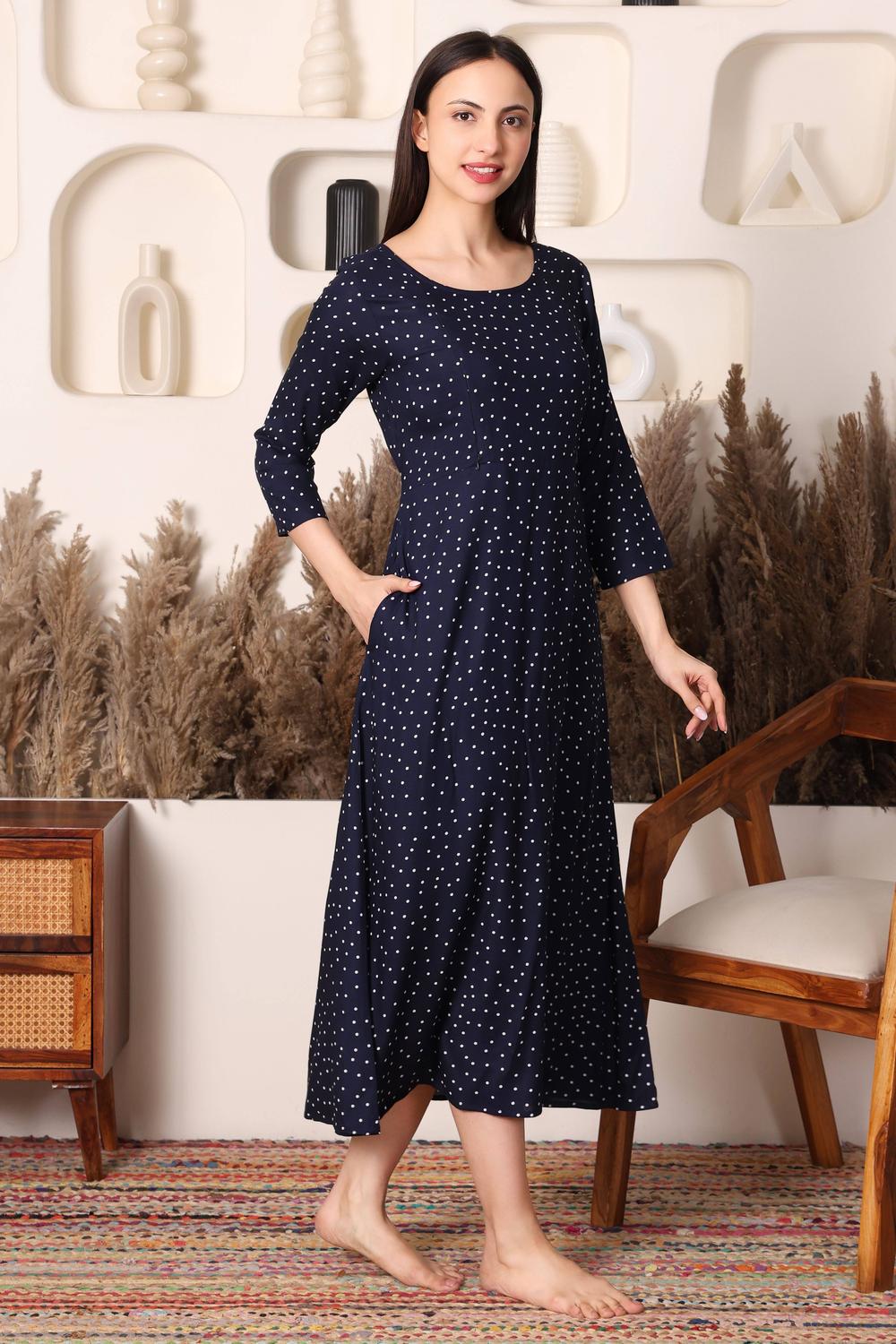 Everyday Essential Maternity & Feeding Dress. (Navy Polka)