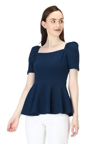 Puffed Sleeves Peplum Top. (Peacock)