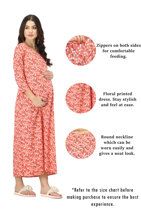 Rayon Maternity Feeding Dress With Zippers For Nursing. (Peach)