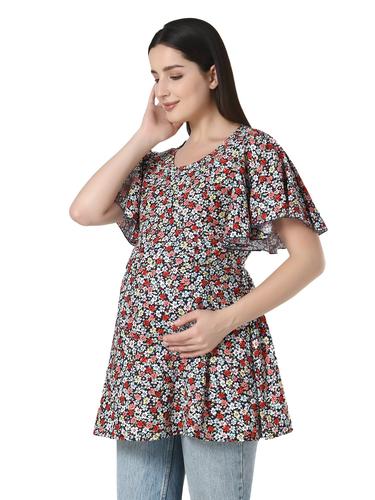 Maternity Feeding Rayon Top With Umbrella Sleeves. (Navy)