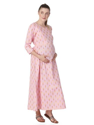 Cotton Maternity Nursing Dress With Zippers. (Pink)