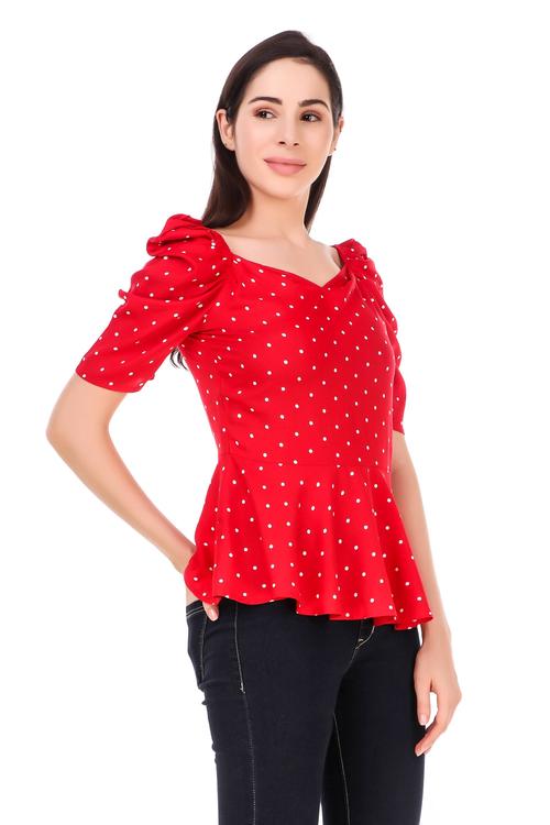 Rayon Polka Summer Peplum Top With Puffed Sleeves. (Red)