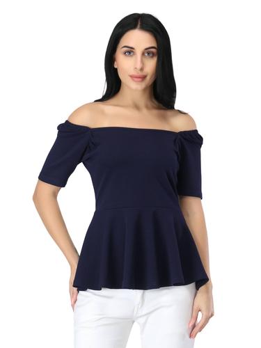 Puffed Sleeves Peplum Top. (Navy Blue)