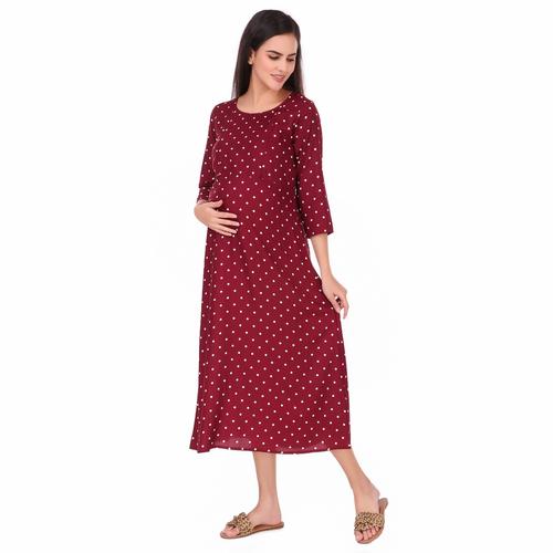 Rayon Maternity Feeding Dress With Zippers For Nursing. (Wine)
