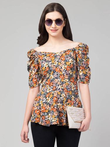 Rayon Polka Summer Peplum Top With Puffed Sleeves. (Black)