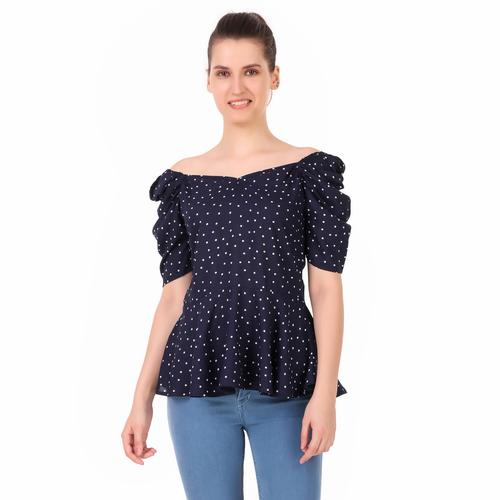 Rayon Polka Summer Peplum Top With Puffed Sleeves. (Navy)