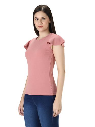 Round Neck Short Flutter Sleeves Top. (Pink)