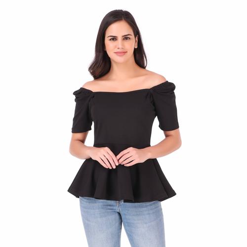 Puffed Sleeves Peplum Top. (Black)