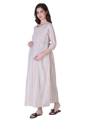 Cotton Maternity Feeding Dress With Zippers For Nursing. (Pearl)