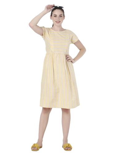 Cotton Striped Maternity Dresses With Zippers For Nursing. (Lemon)