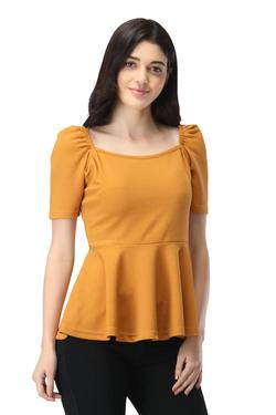 Puffed Sleeves Peplum Top. (Mustard)