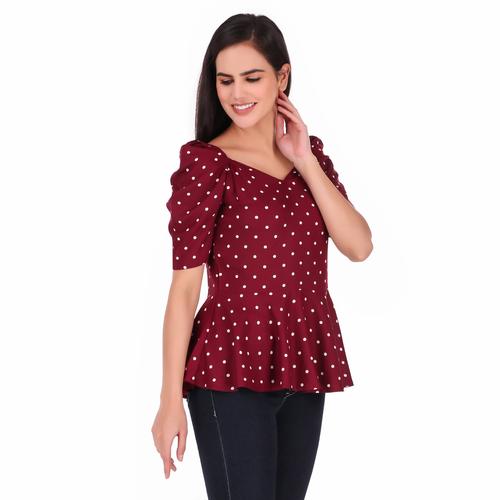 Rayon Polka Summer Peplum Top With Puffed Sleeves. (Wine)