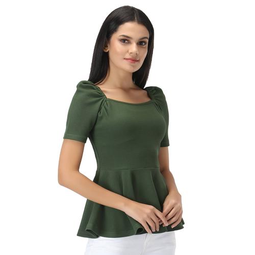 Puffed Sleeves Peplum Top. (Olive)