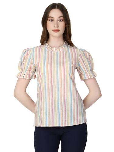 Striped Cotton Ruffle Sleeve Top (Pearl)