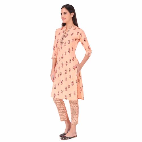 Cotton Printed Collar Kurta Set With Pant (Peach)