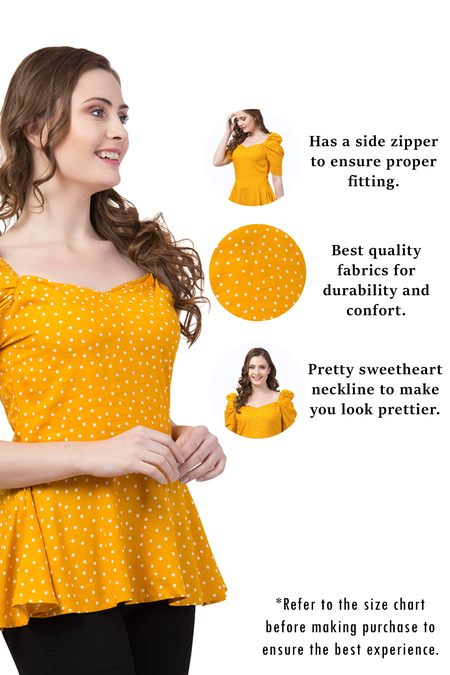 Rayon Polka Summer Peplum Top With Puffed Sleeves. (Mustard)