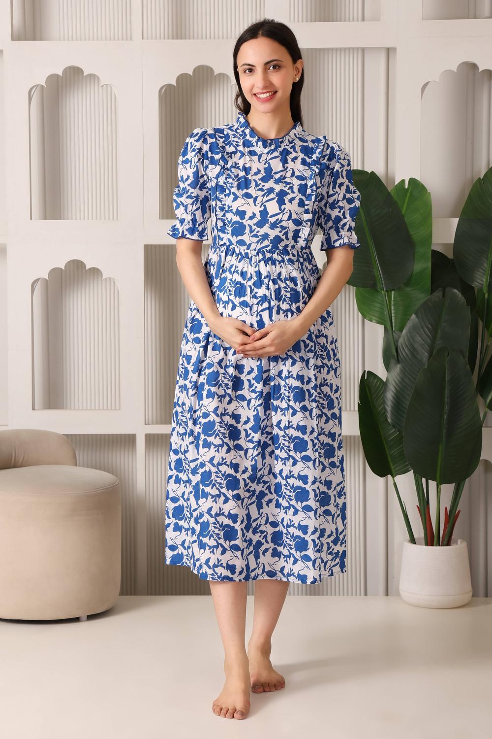 Cloud-Soft Puff Sleeve Maternity & Feeding Dress. (Blue)