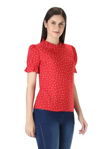 Printed Polkas Rayon Ruffle Sleeve Summer Top. (Red)