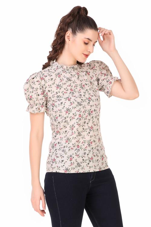 Floral Printed Cotton Ruffle Sleeve Top (Grey)